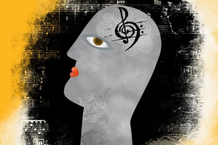 Ilustración de una cabeza con música