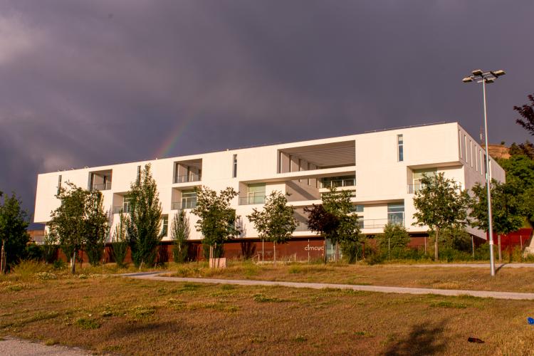 Exterior del CIMCYC donde pueden observarse plantas y varios árboles bajo un arcoiris