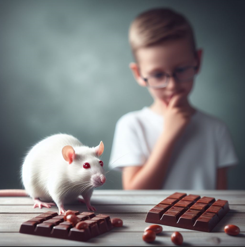 Niño y ratón observando comida
