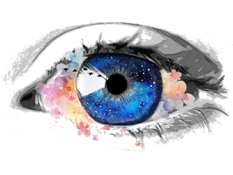 Visualización subjetiva Ojo azul con pájaros y flores