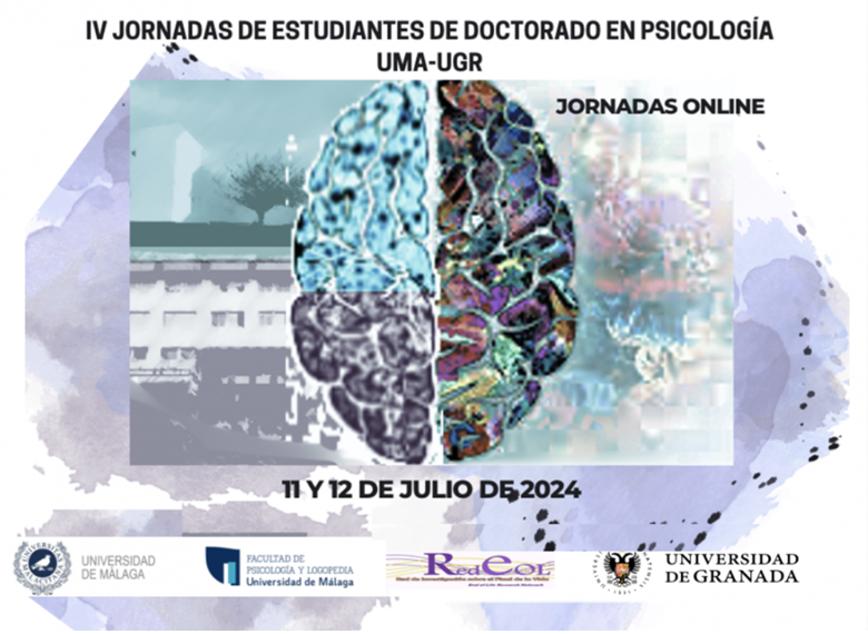 Cartel de las IV Jornadas. Esquema del cerebro dividido en cuatro hemisferios sobre facultad de Psicología de Universidad de Granada.